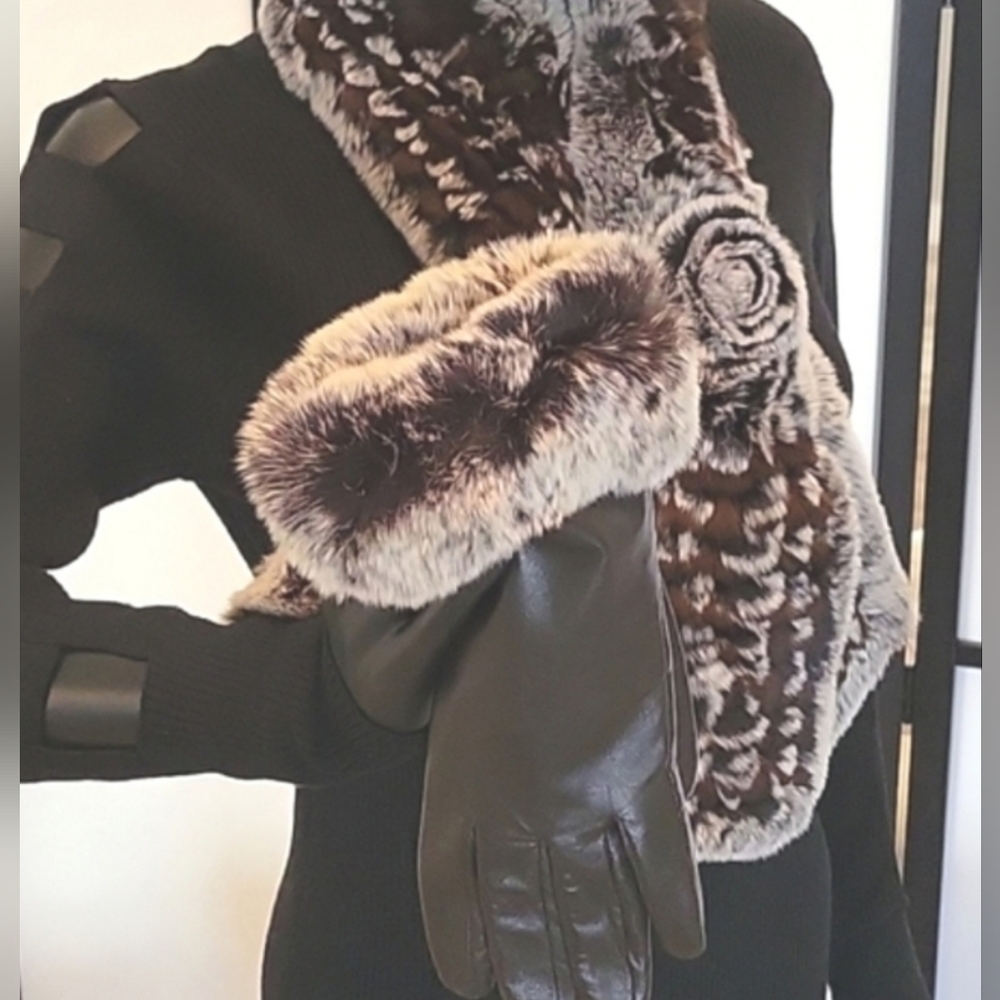 Alaskan Fur Knit Snow Top REX Scarf Headwrap + matching Lambskin LEA Gloves NWT - Picture 12 of 14
